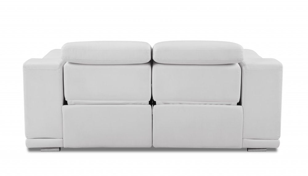 White and Silver Italian Leather Power Reclining Loveseat - 72-inch