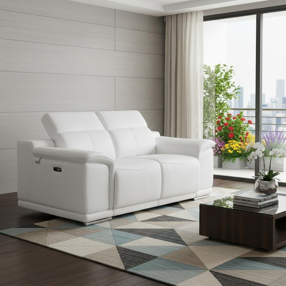 White and Silver Italian Leather Power Reclining Loveseat - 72-inch
