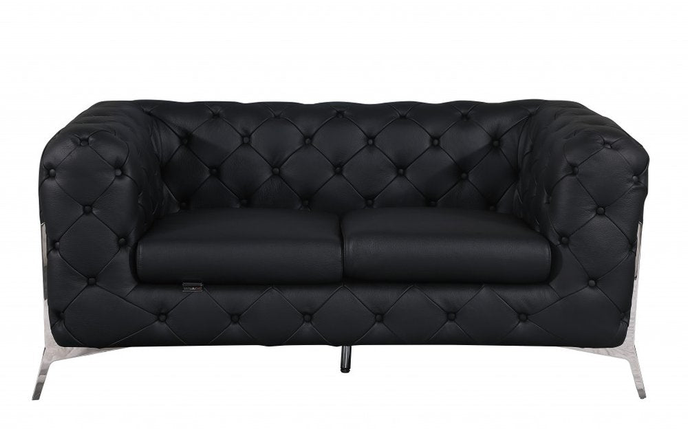 Black and Silver Italian Leather Loveseat - 69-inch