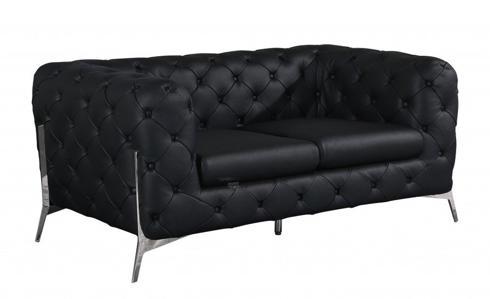 Black and Silver Italian Leather Loveseat - 69-inch