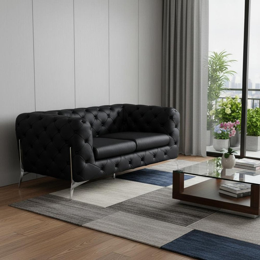 Black and Silver Italian Leather Loveseat - 69-inch