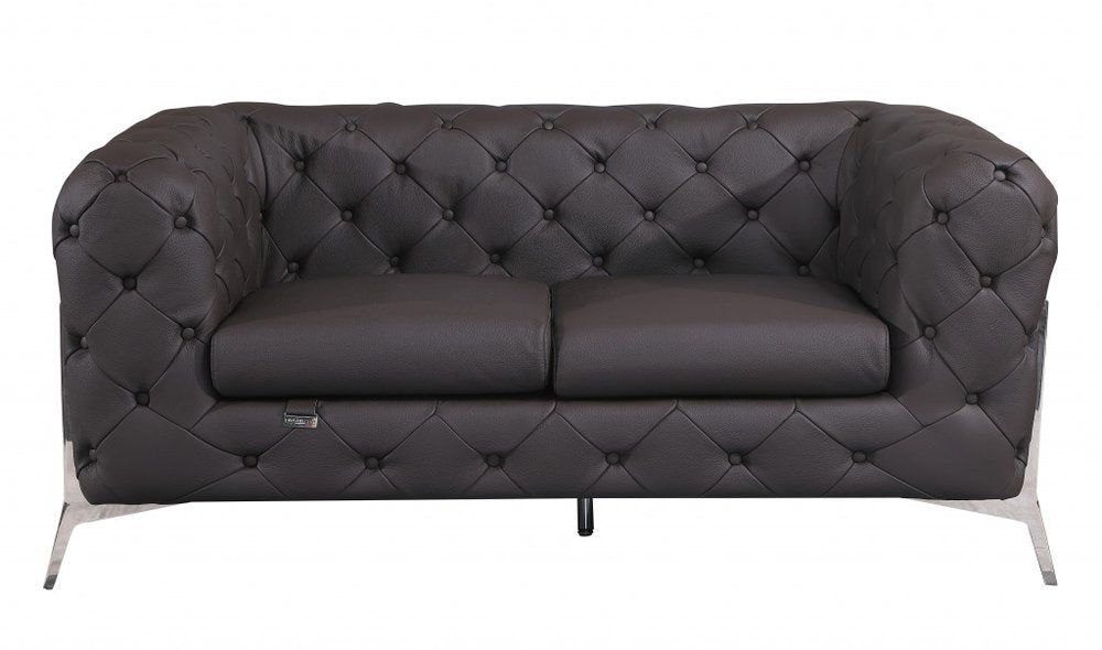 Brown and Silver Italian Leather Loveseat - 69-inch