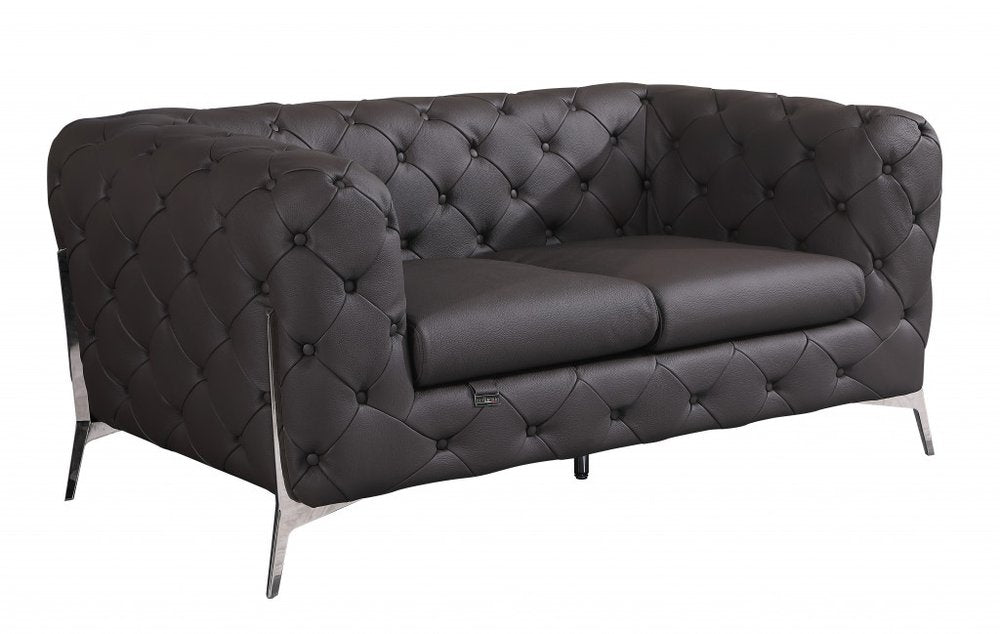 Brown and Silver Italian Leather Loveseat - 69-inch