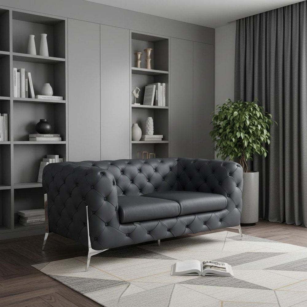 Gray and Silver Italian Leather Loveseat - 69-inch