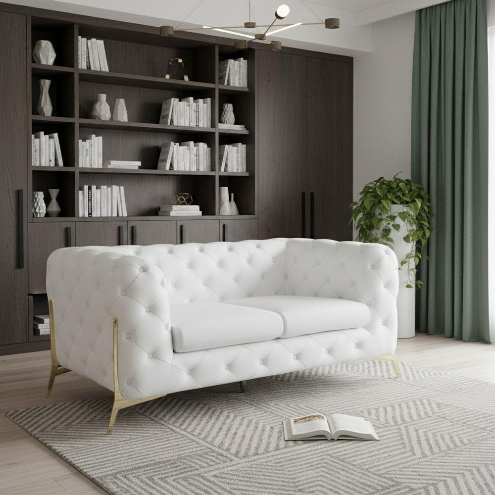 White and Gold Italian Leather Loveseat - 69-inch