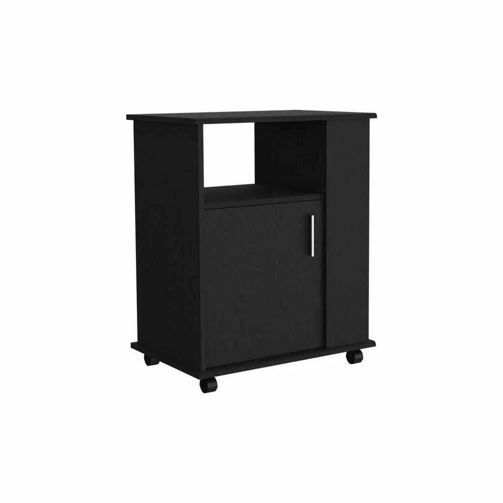 Black Wood Flat Door Rolling Kitchen Cart with Storage - 24-inch