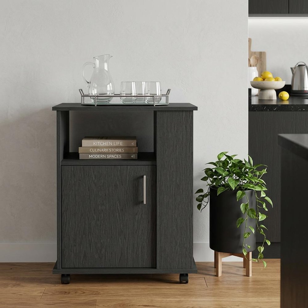 Black Wood Flat Door Rolling Kitchen Cart with Storage - 24-inch