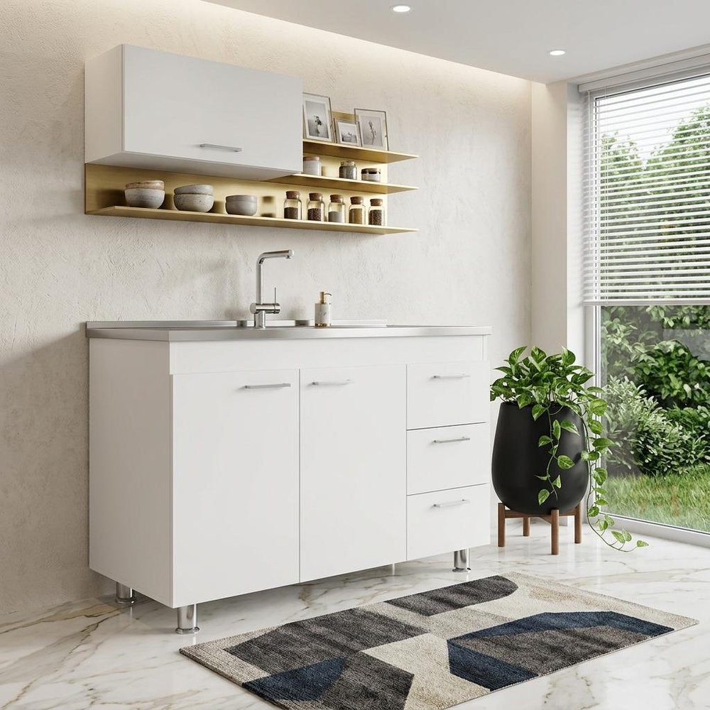 Silver and White Wood Console Accent Cabinet with Two Doors and Three Drawers