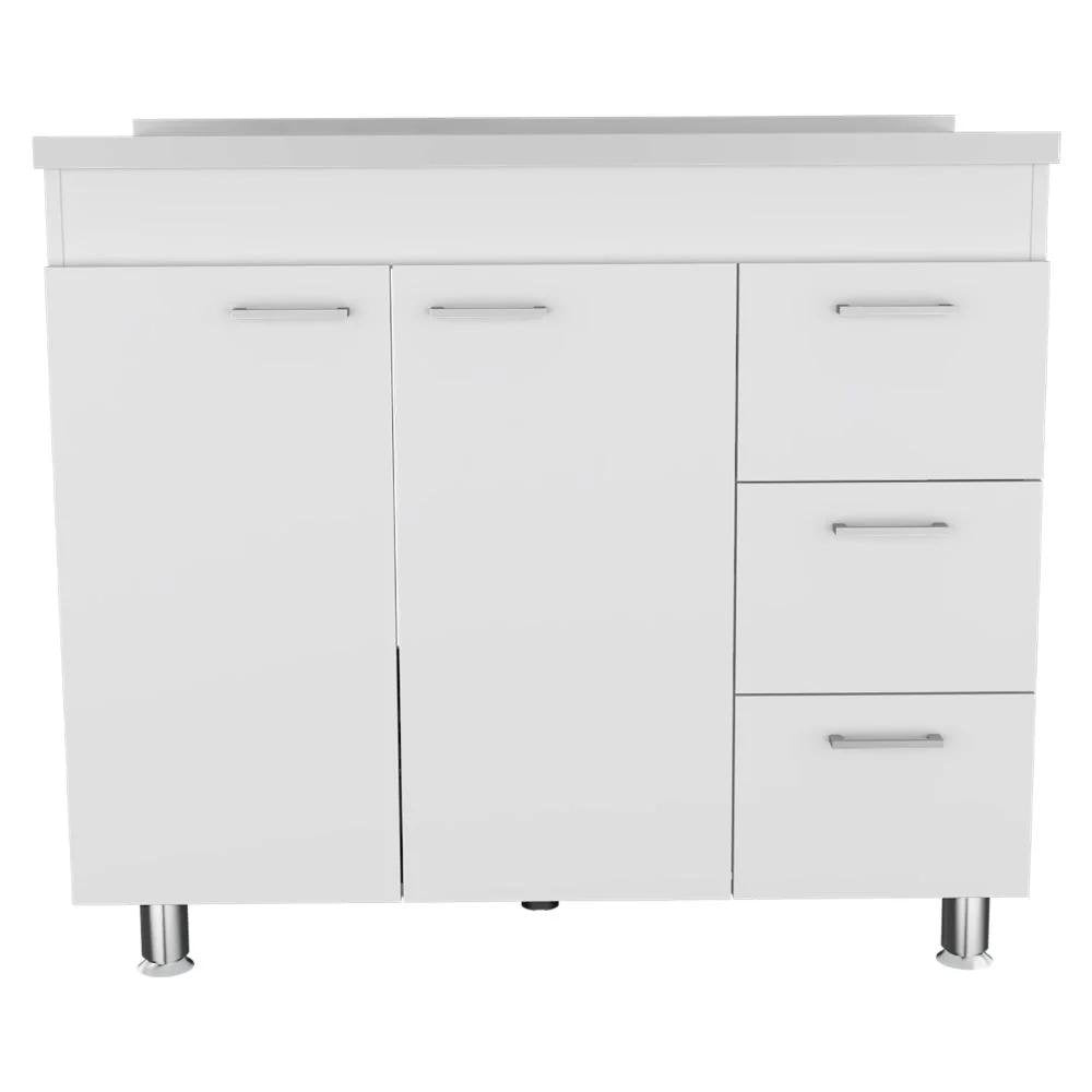 Silver and White Wood Console Accent Cabinet with Two Doors and Three Drawers