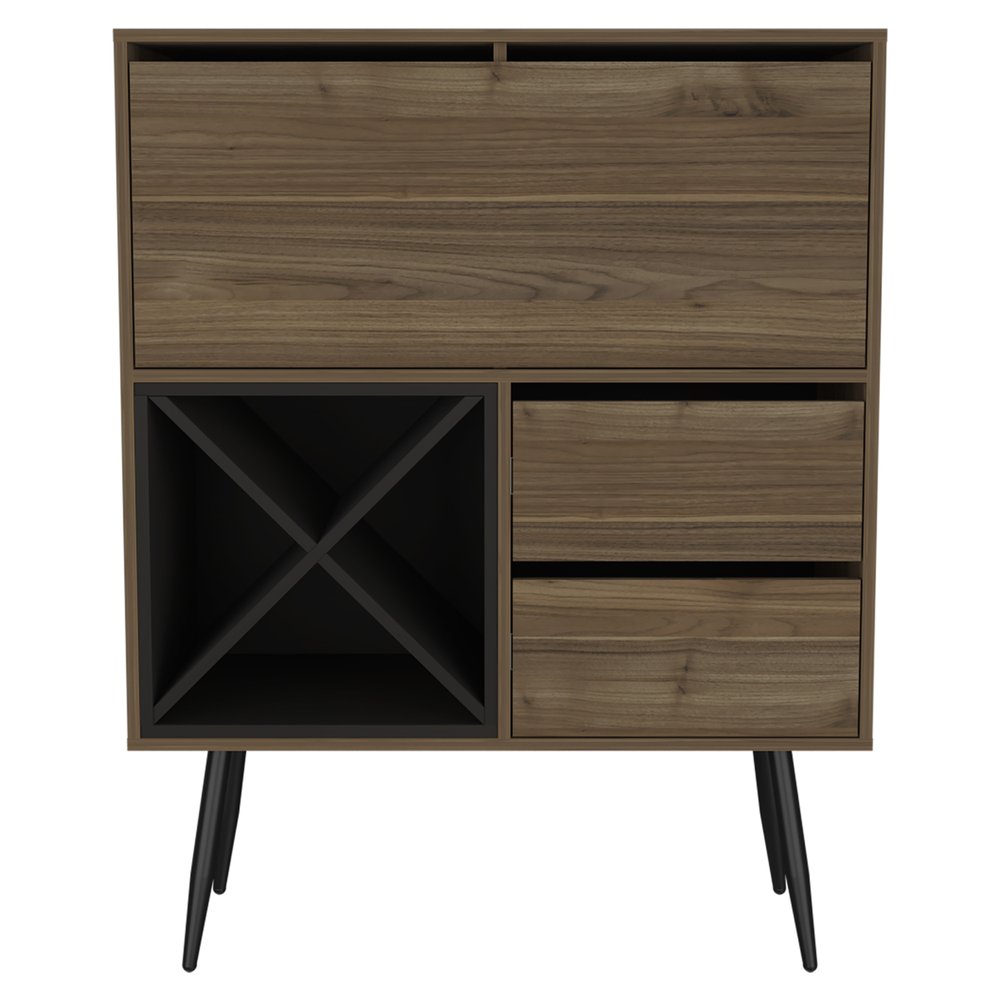 Dark Brown and Black Wood Console Bar Cabinet with Single Door and Two Drawers