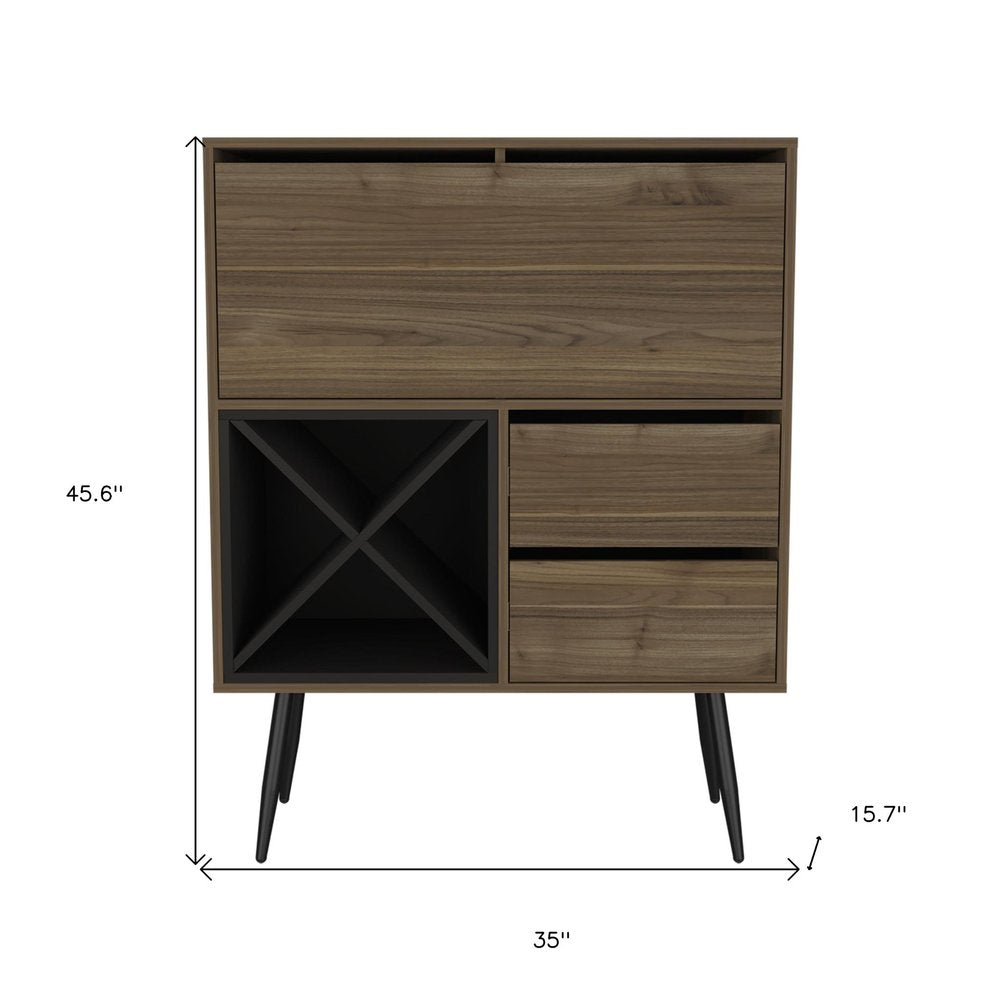 Dark Brown and Black Wood Console Bar Cabinet with Single Door and Two Drawers