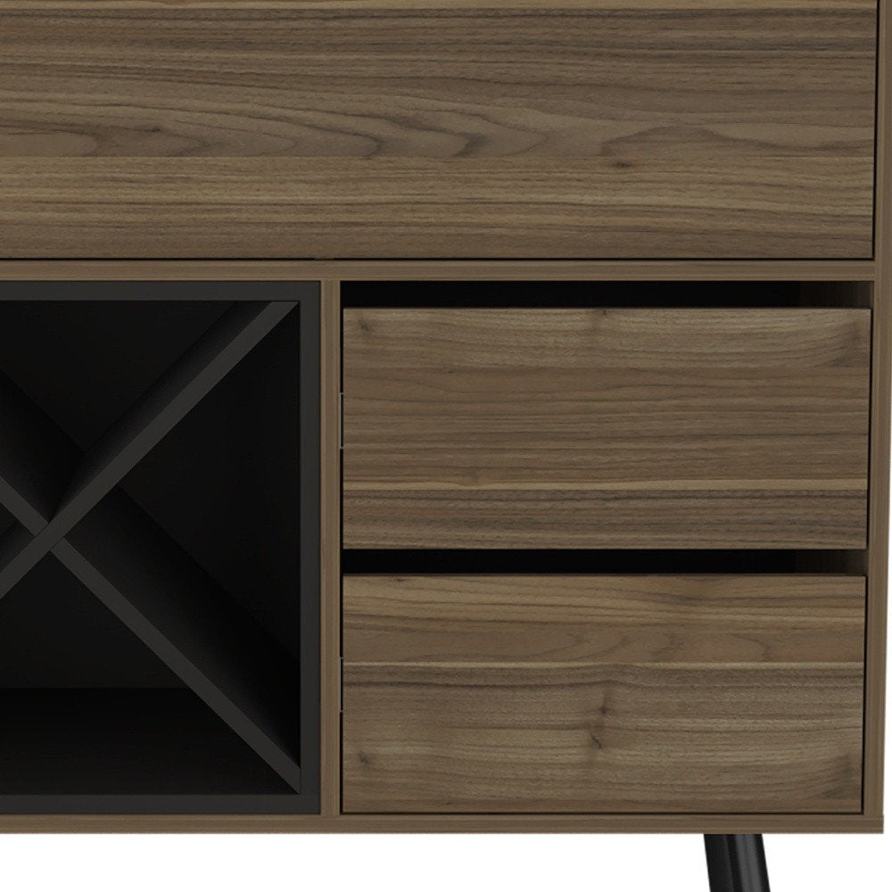 Dark Brown and Black Wood Console Bar Cabinet with Single Door and Two Drawers