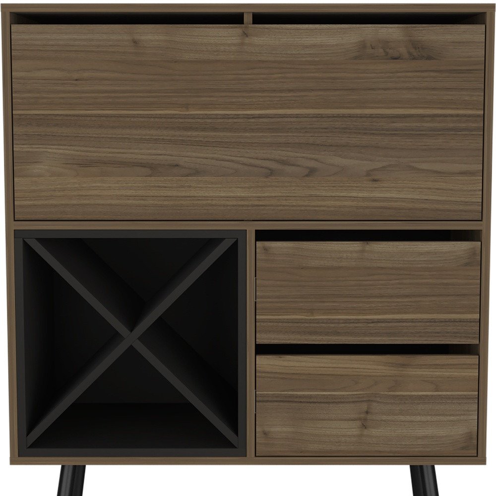 Dark Brown and Black Wood Console Bar Cabinet with Single Door and Two Drawers