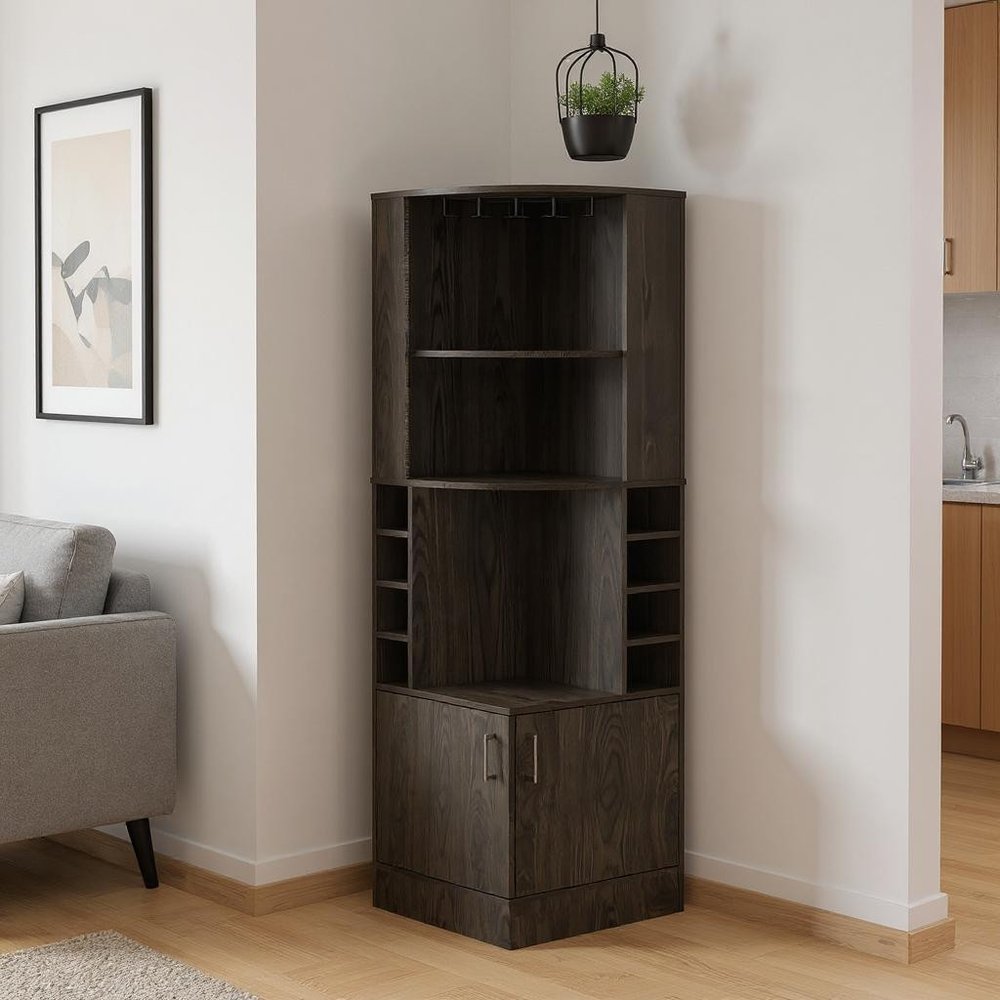 Dark Brown Wood Corner Bar Cabinet with Two Doors - 71-inch
