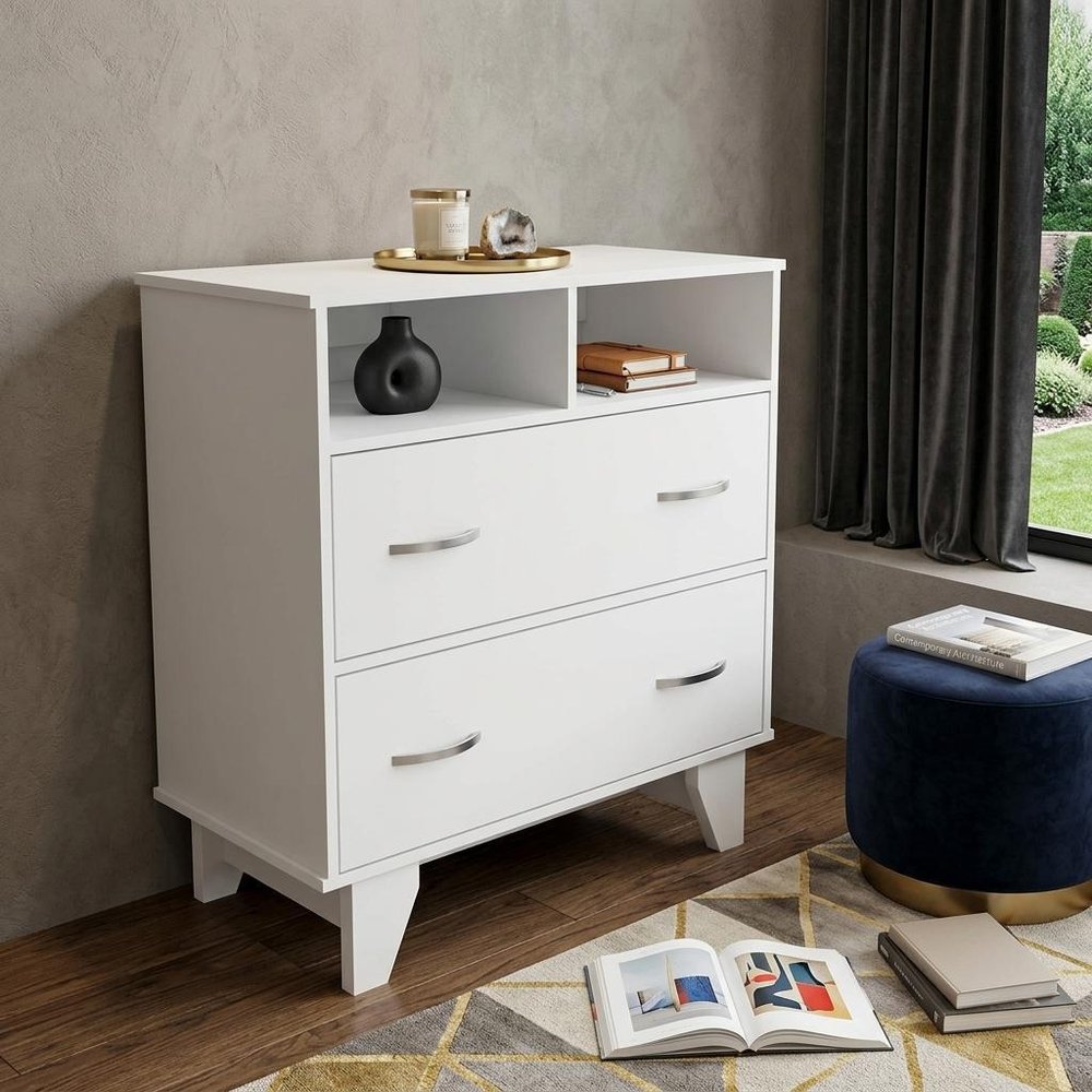 White Wood Two Drawer Dresser - 32-inch