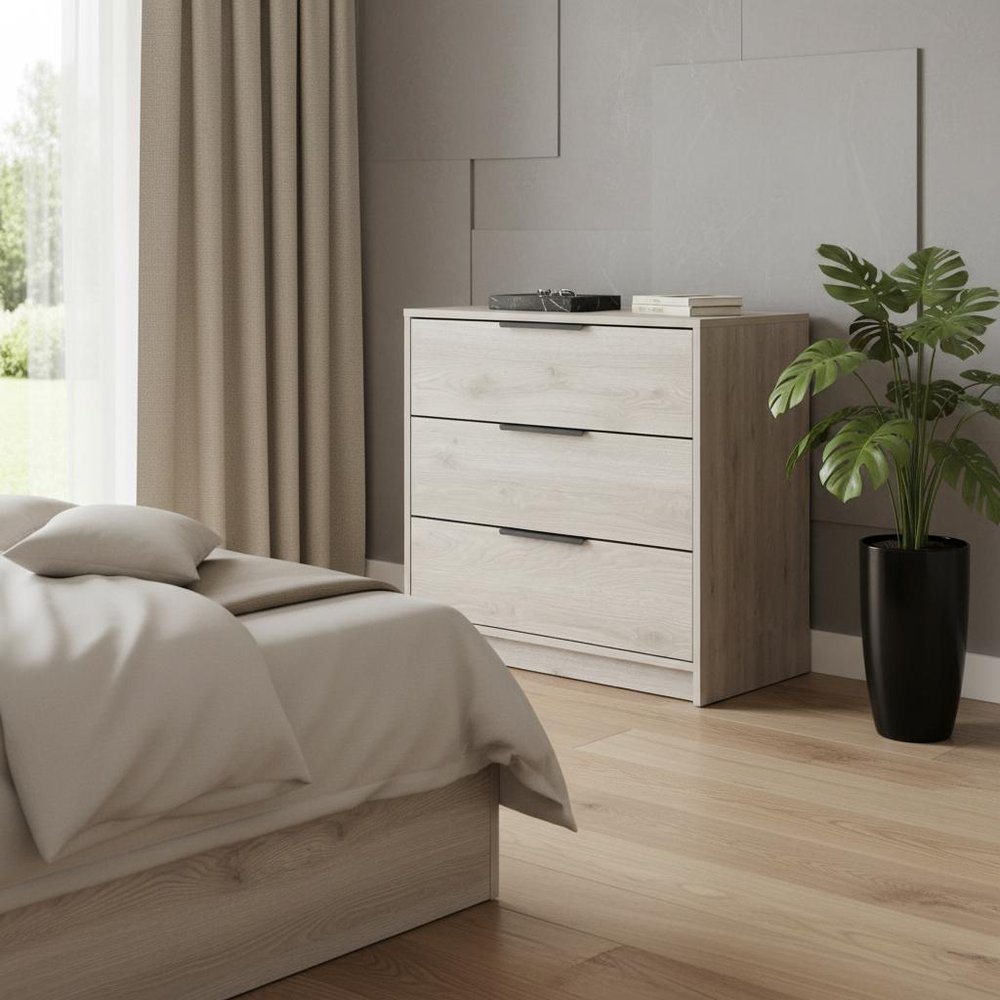 Light Gray Wood Three Drawer Dresser - 28-inch