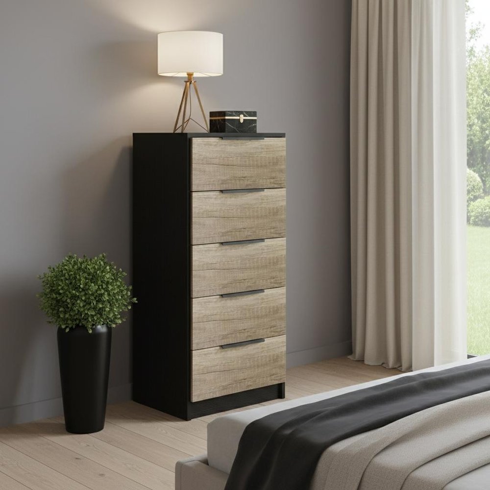 Black and Light Oak Manufactured Wood Five Drawer Chest - 42-inch