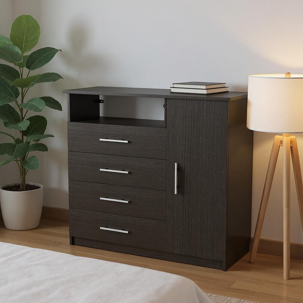 Black Manufactured Wood Four Drawer Combo Dresser - 36-inch