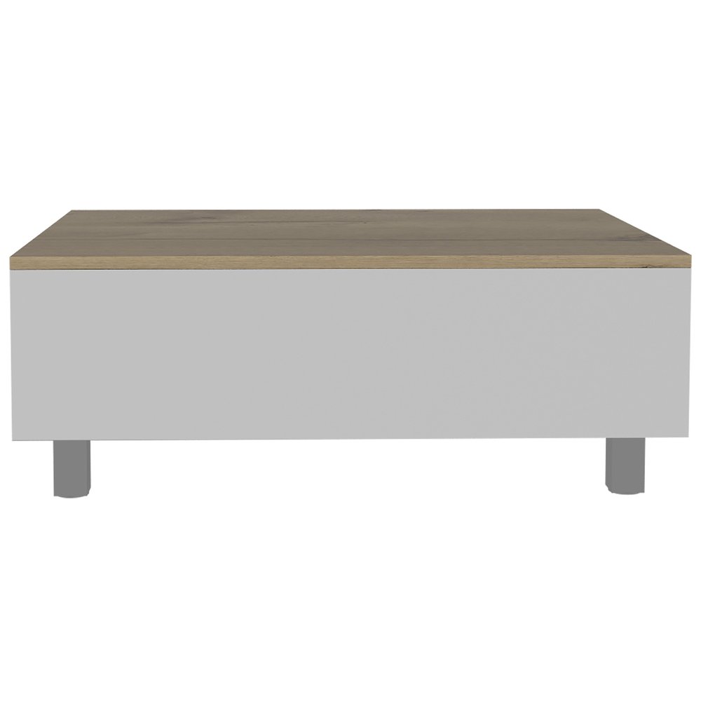 White and Light Oak Manufactured Wood Rectangular Lift Top Coffee Table with Drawer and Shelf