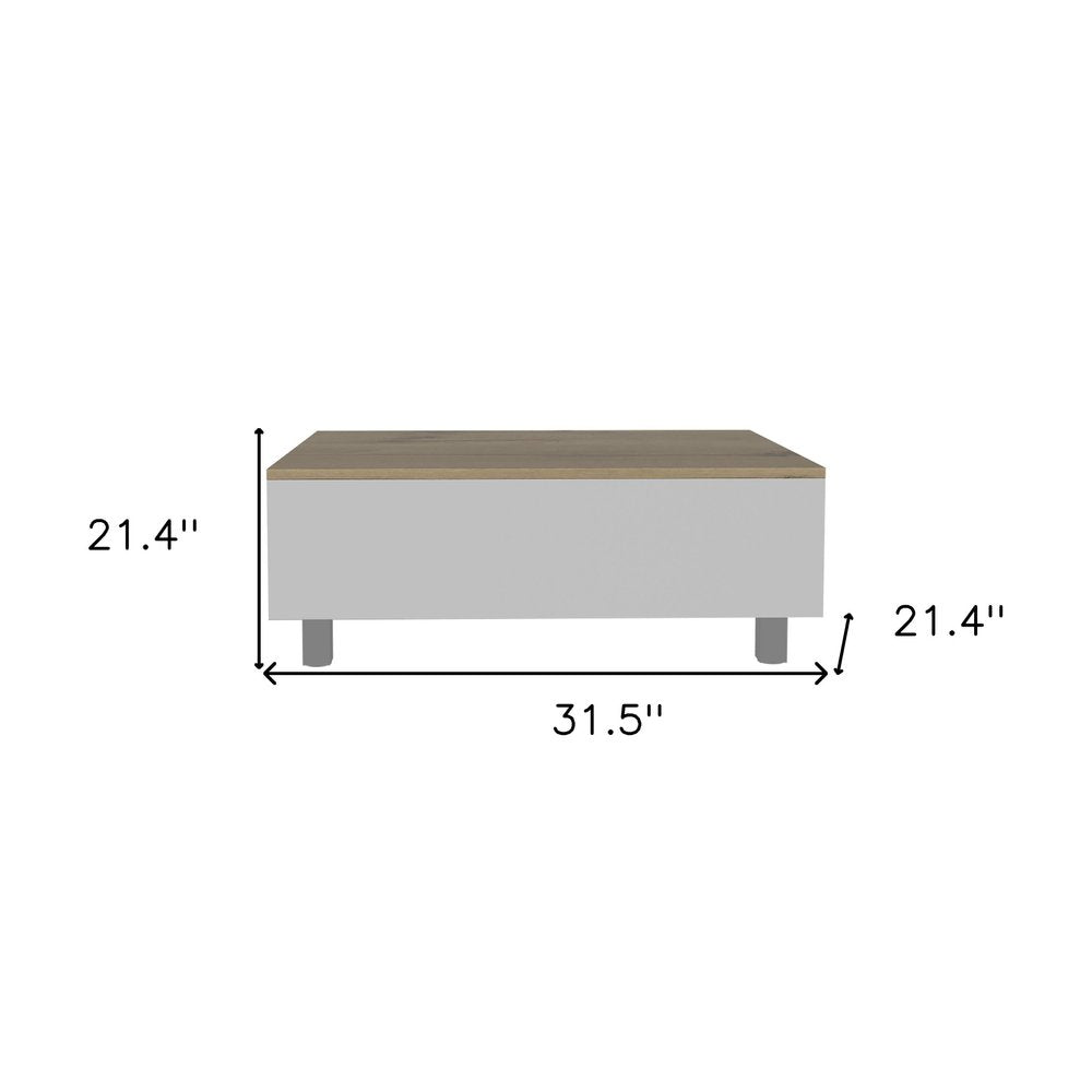 White and Light Oak Manufactured Wood Rectangular Lift Top Coffee Table with Drawer and Shelf