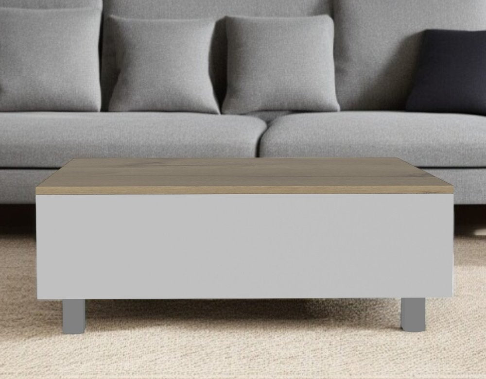 White and Light Oak Manufactured Wood Rectangular Lift Top Coffee Table with Drawer and Shelf
