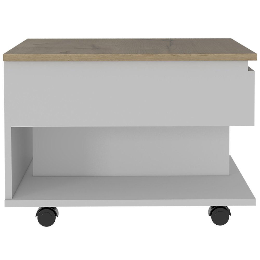 White and Light Oak Manufactured Wood Rectangular Coffee Table with Drawer