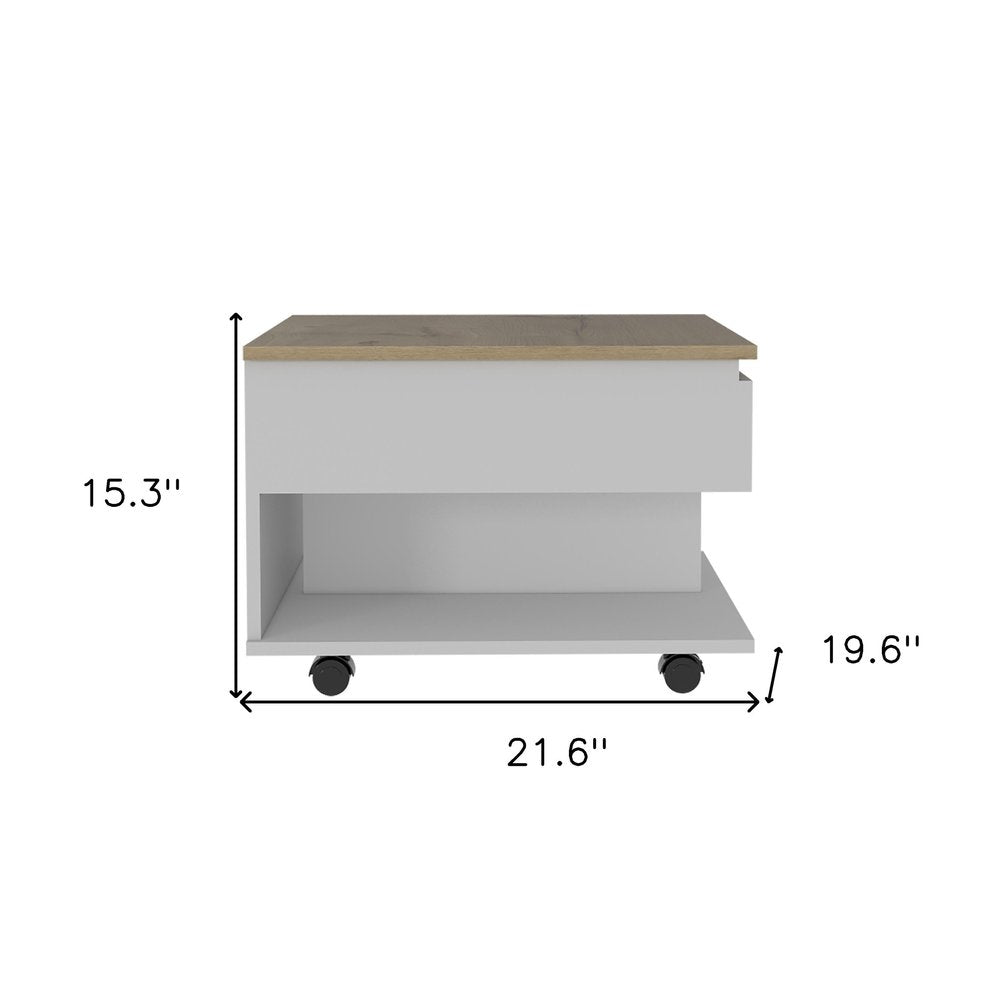 White and Light Oak Manufactured Wood Rectangular Coffee Table with Drawer