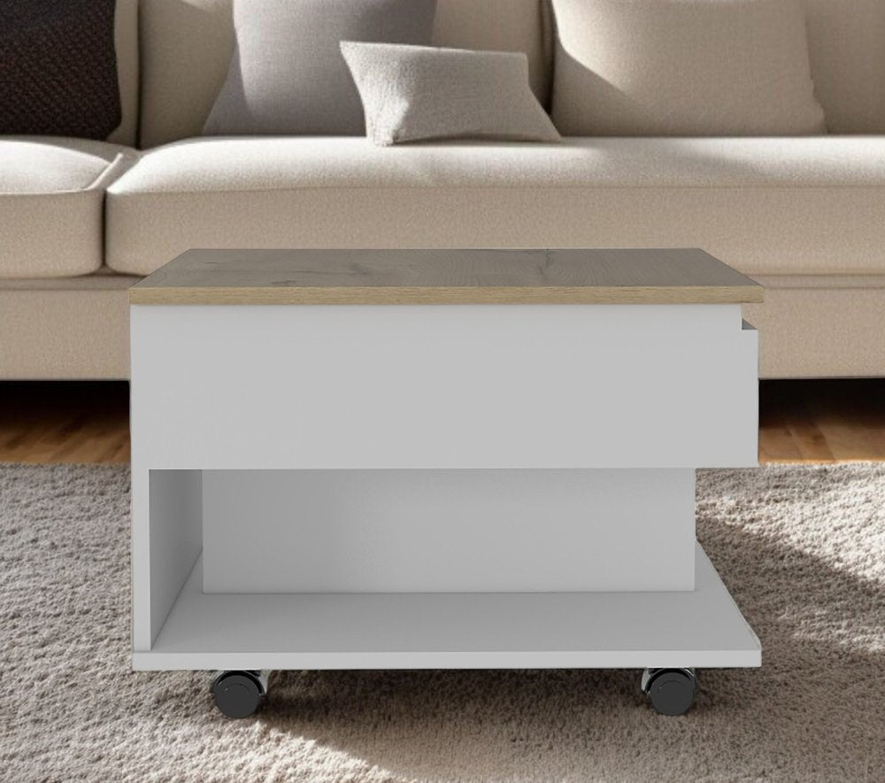 White and Light Oak Manufactured Wood Rectangular Coffee Table with Drawer
