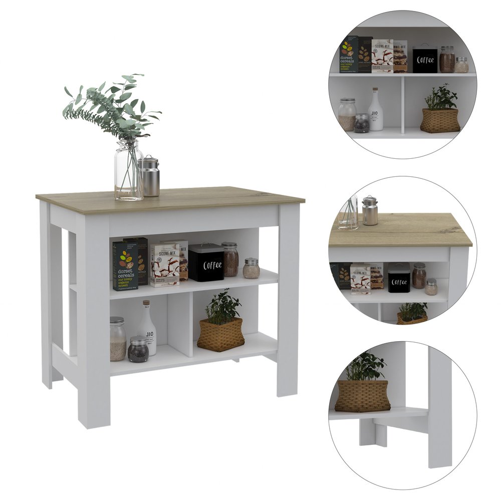 White and Brown 41 Kitchen Island with Storage
