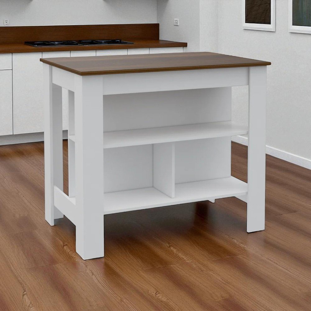 White and Brown 41 Kitchen Island with Storage