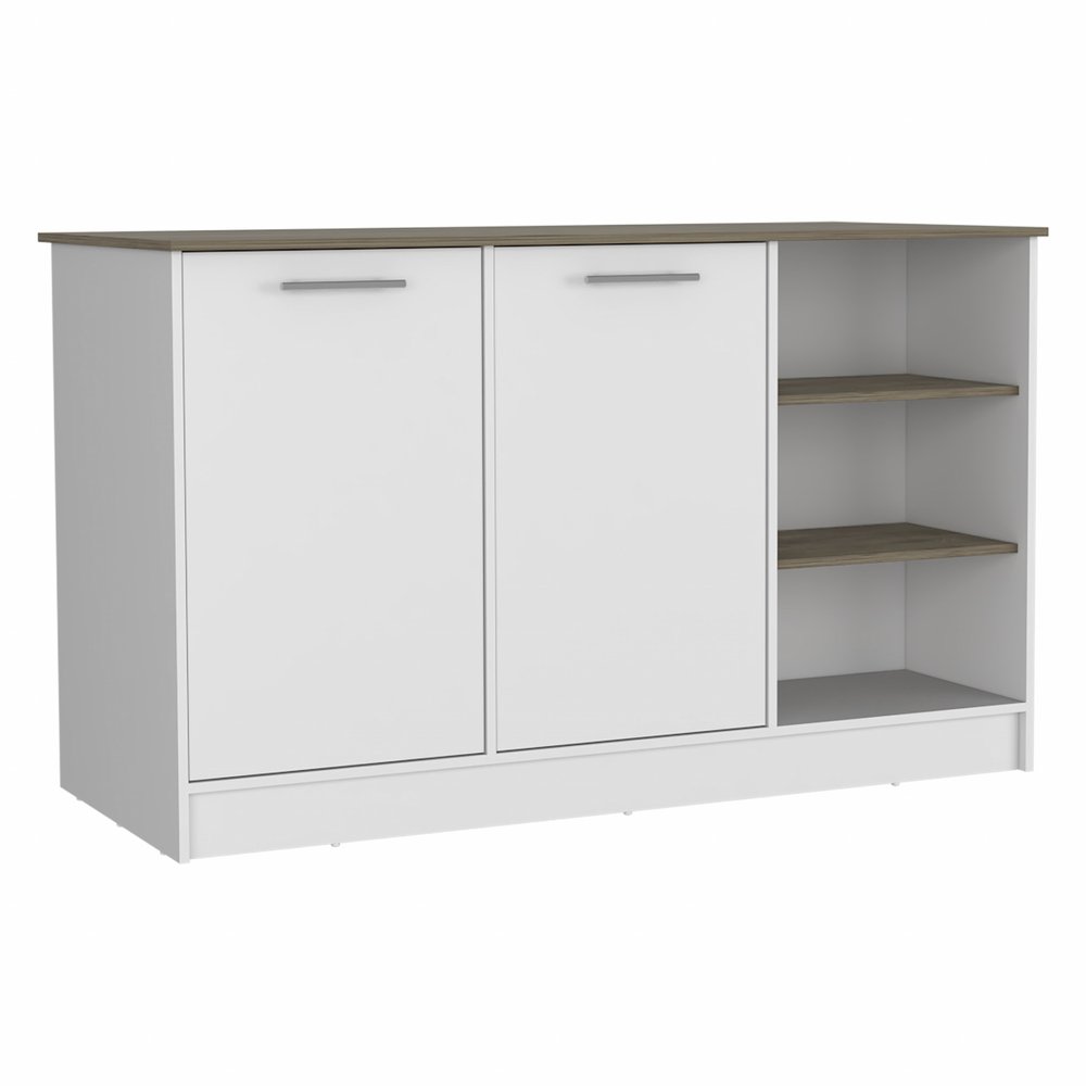 White and Brown 59 Kitchen Island with Storage