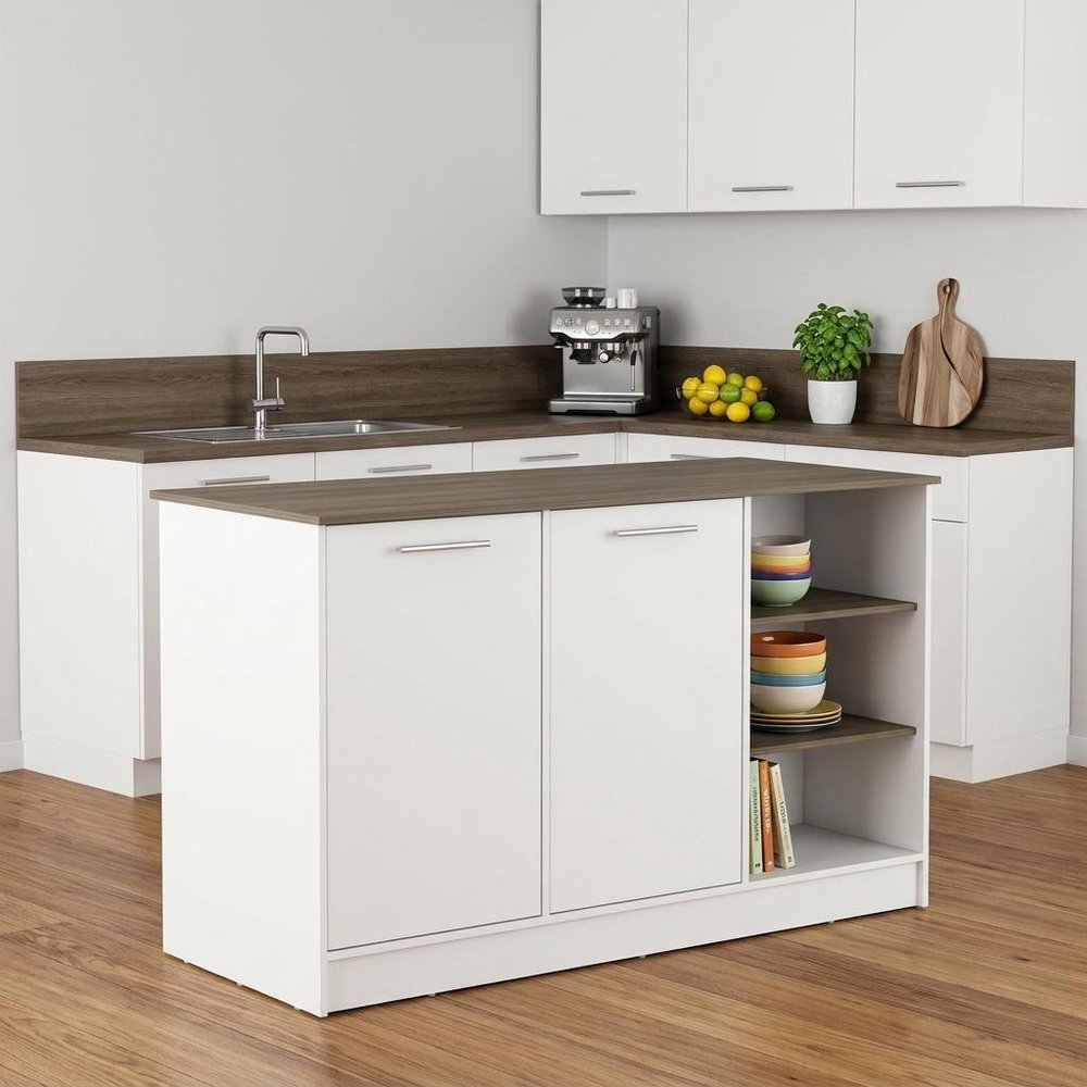 White and Brown 59 Kitchen Island with Storage