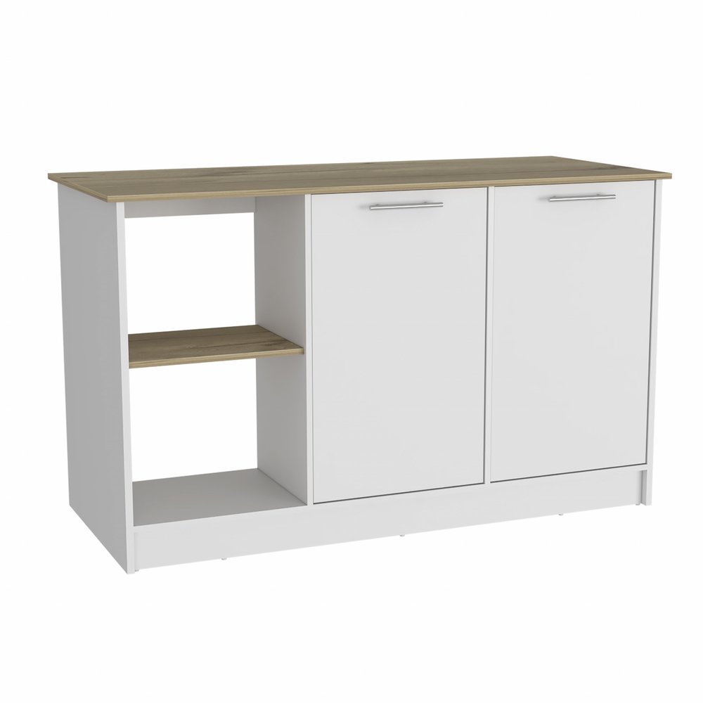 White and Brown 59 Kitchen Island with Storage