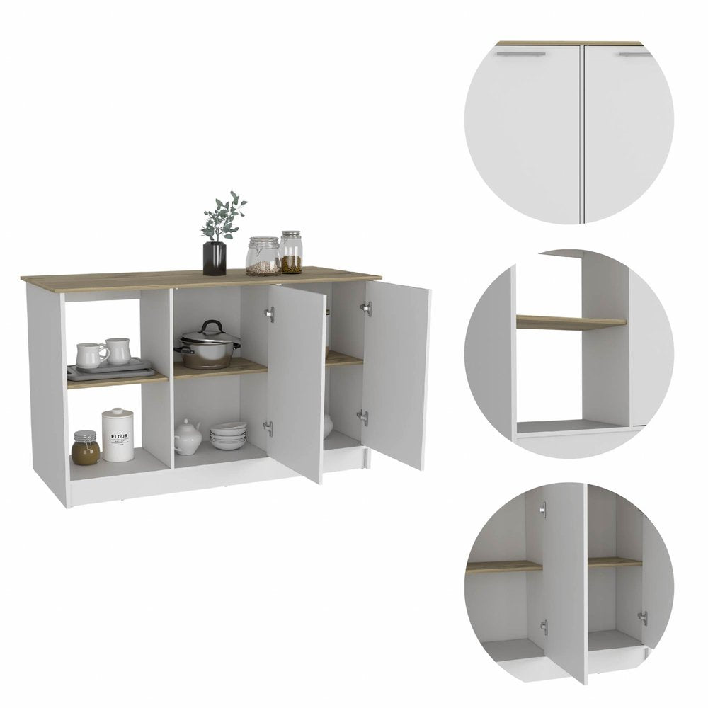 White and Brown 59 Kitchen Island with Storage