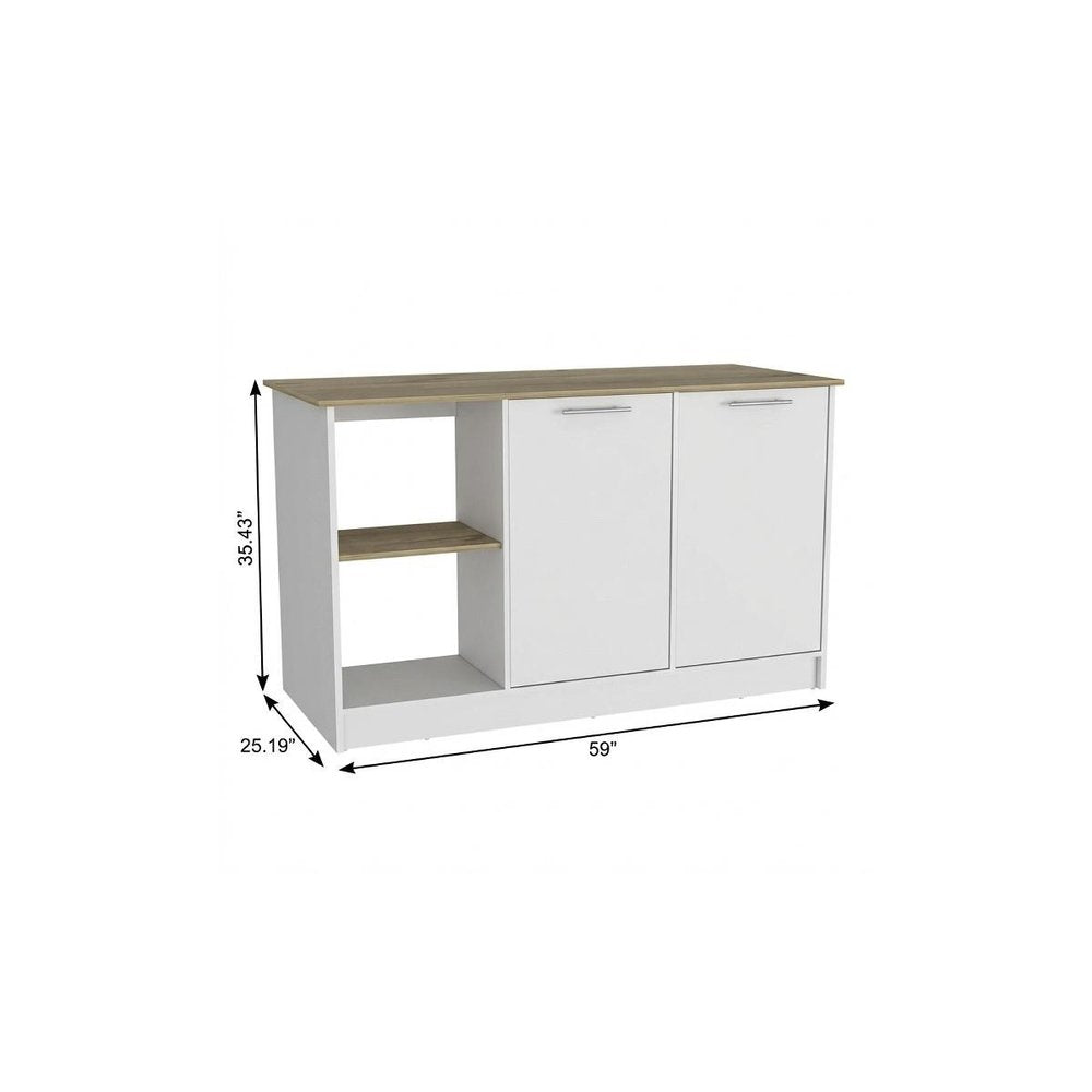 White and Brown 59 Kitchen Island with Storage