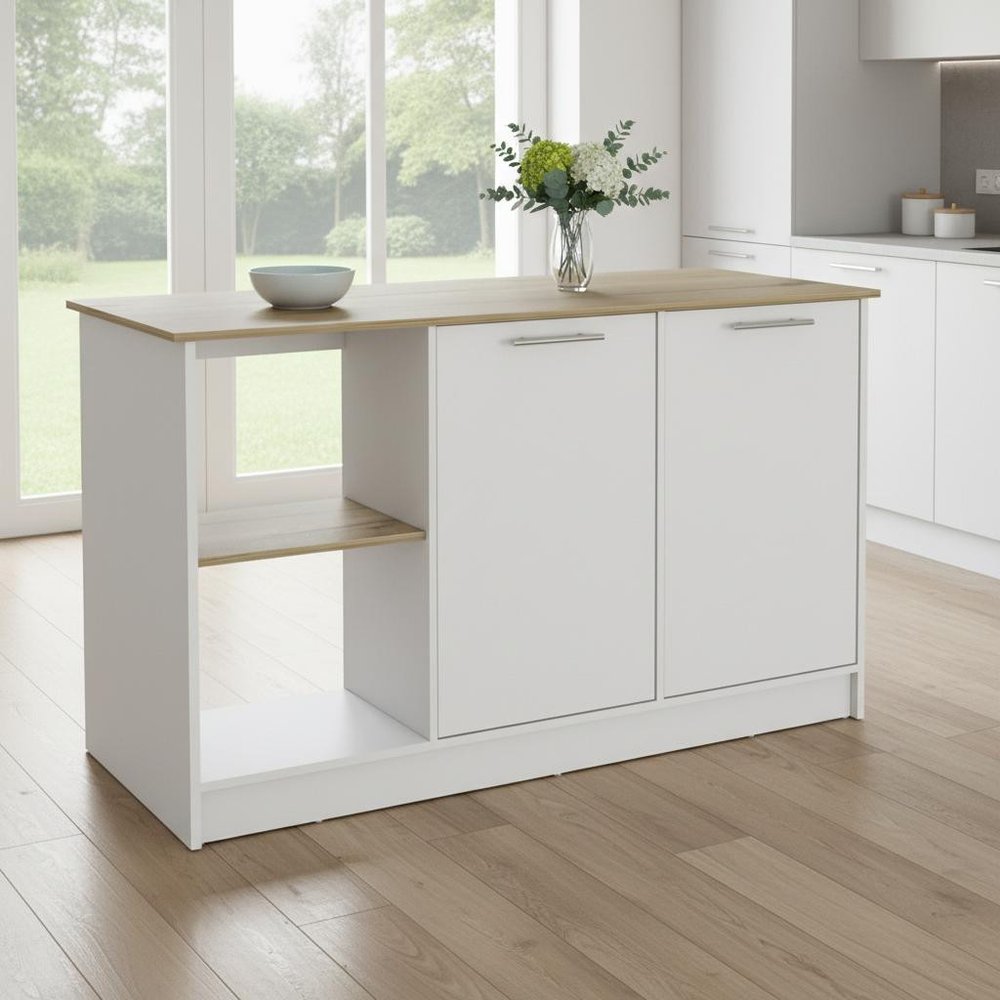 White and Brown 59 Kitchen Island with Storage