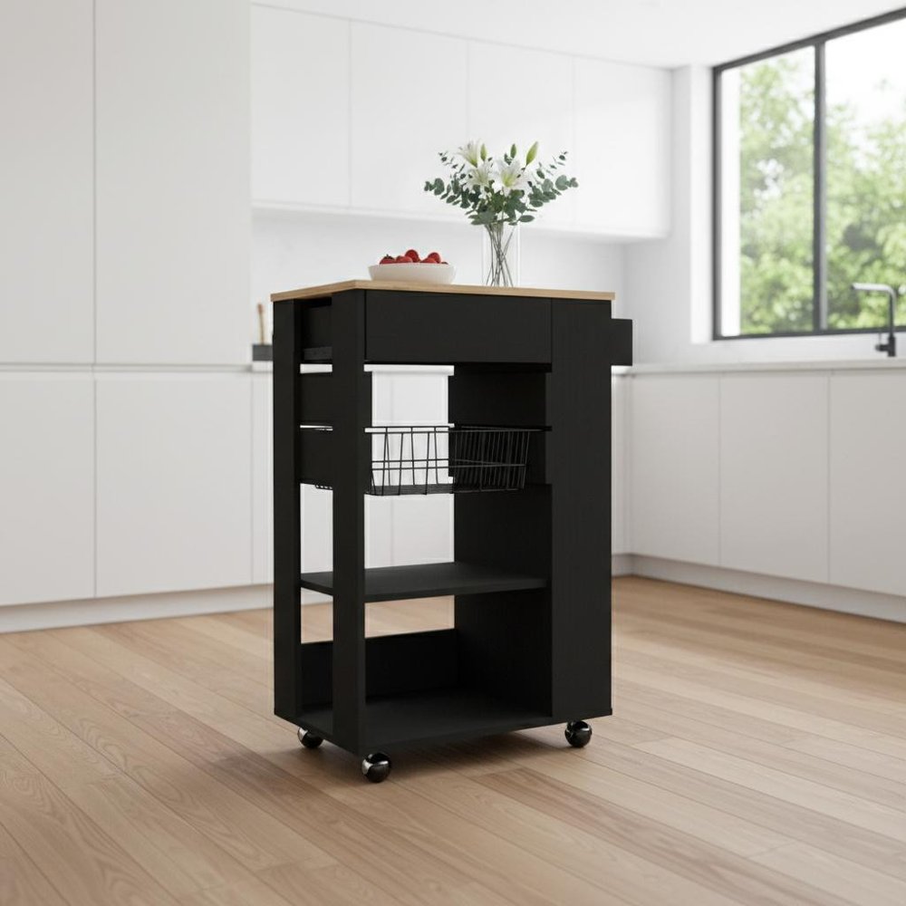 Black and Natural 22 Rolling Kitchen Cart with Storage