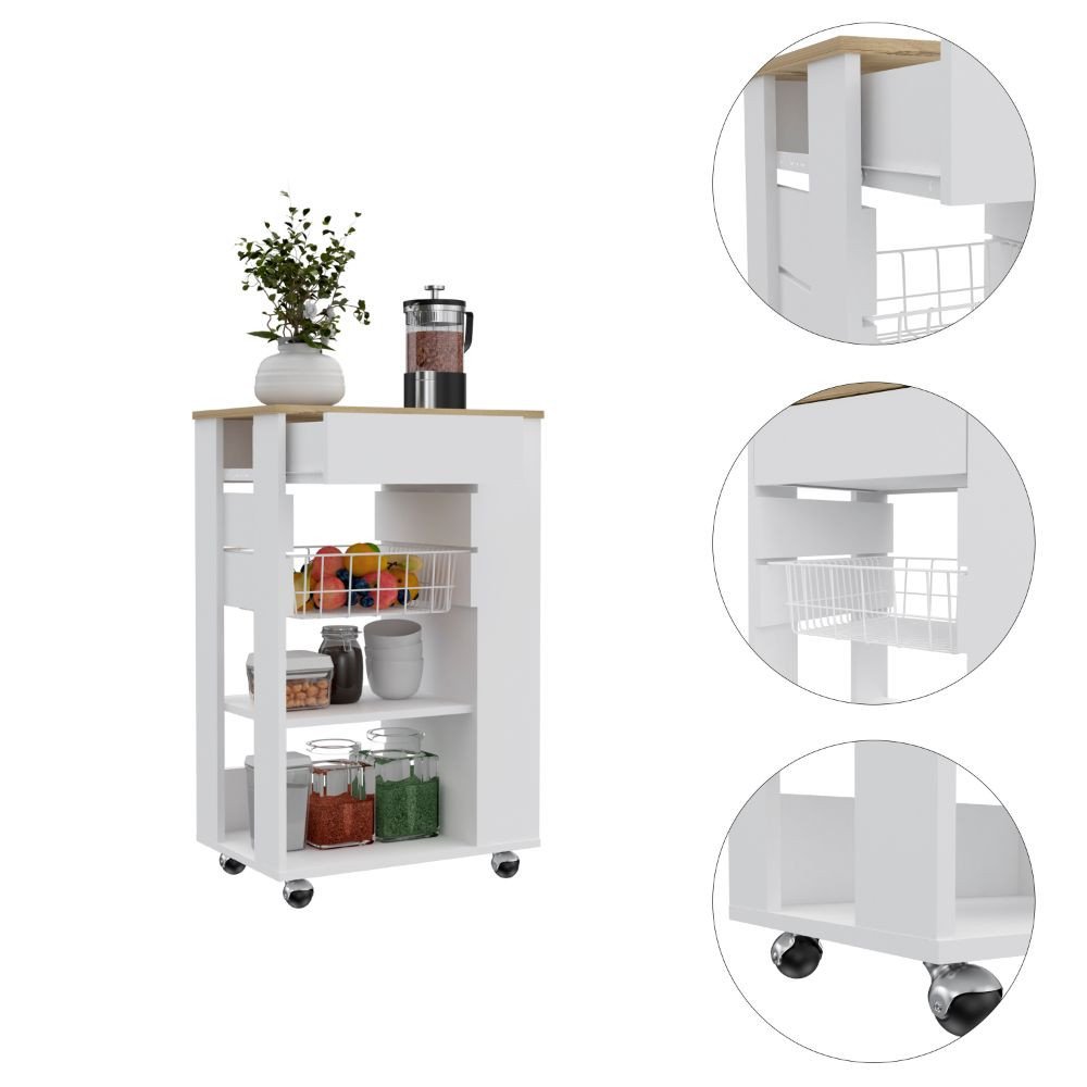 White and Brown 22 Rolling Kitchen Cart with Storage