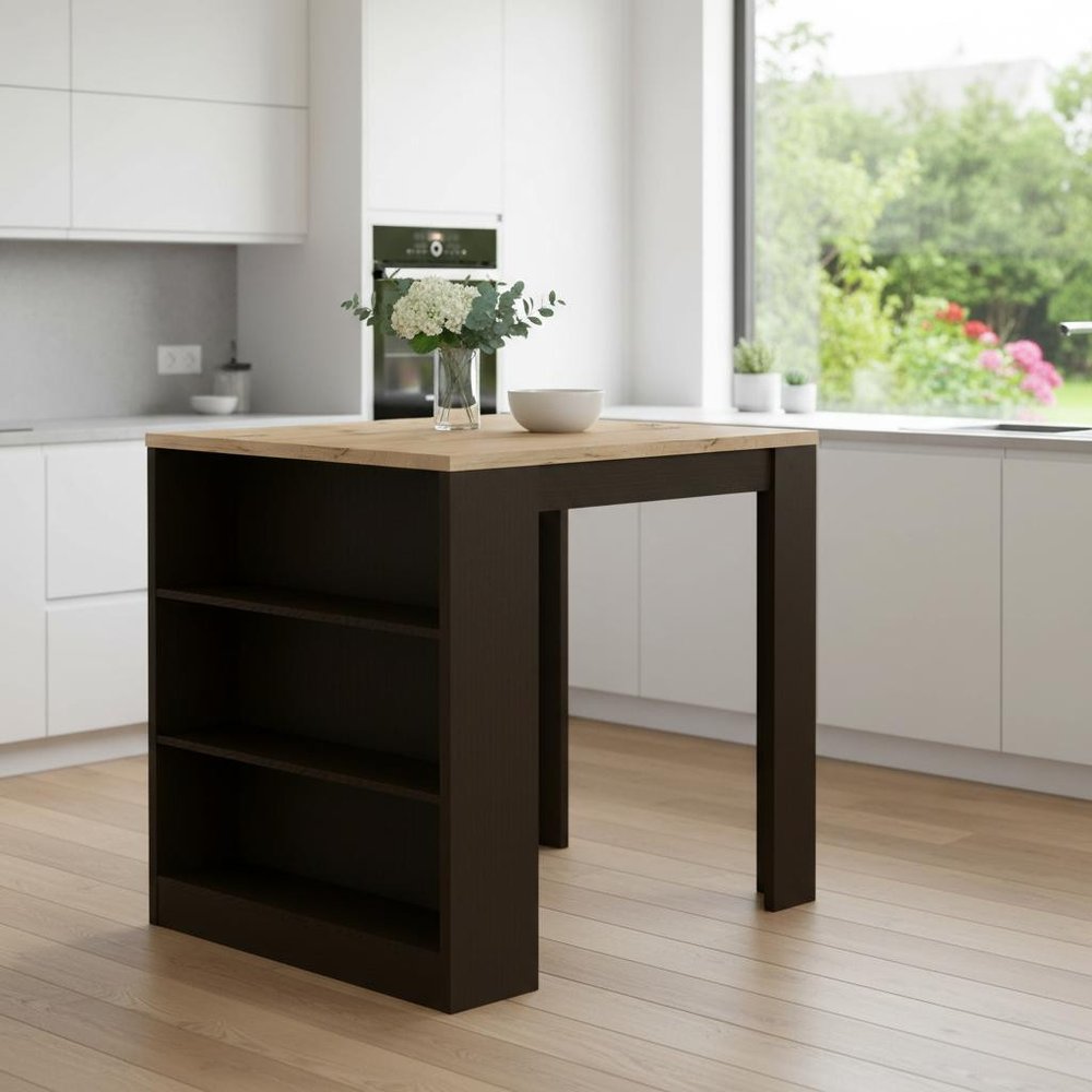 Natural and Black Wood Kitchen Island with Storage - 36-inch
