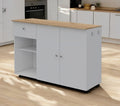 White and Natural 54 Rolling Kitchen Island with Storage