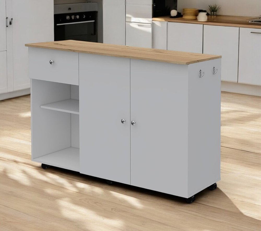 White and Natural 54 Rolling Kitchen Island with Storage