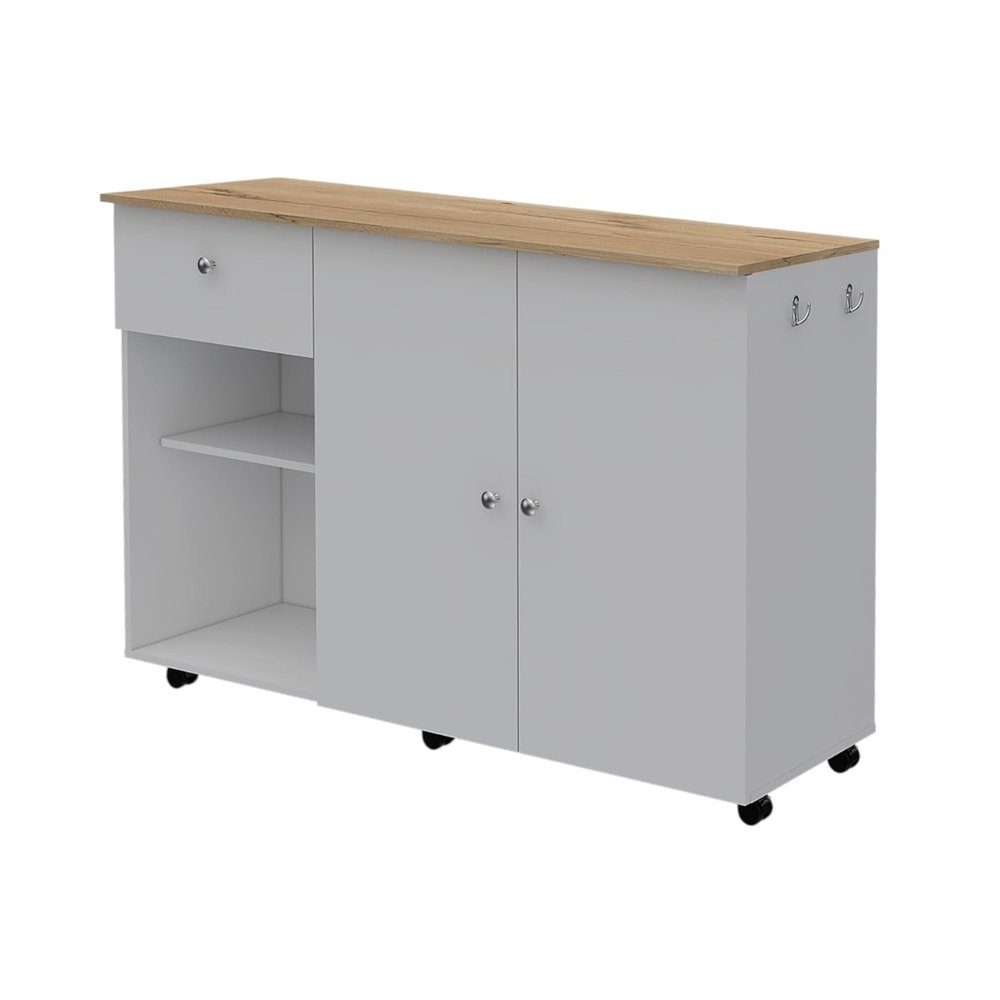 White and Natural 54 Rolling Kitchen Island with Storage