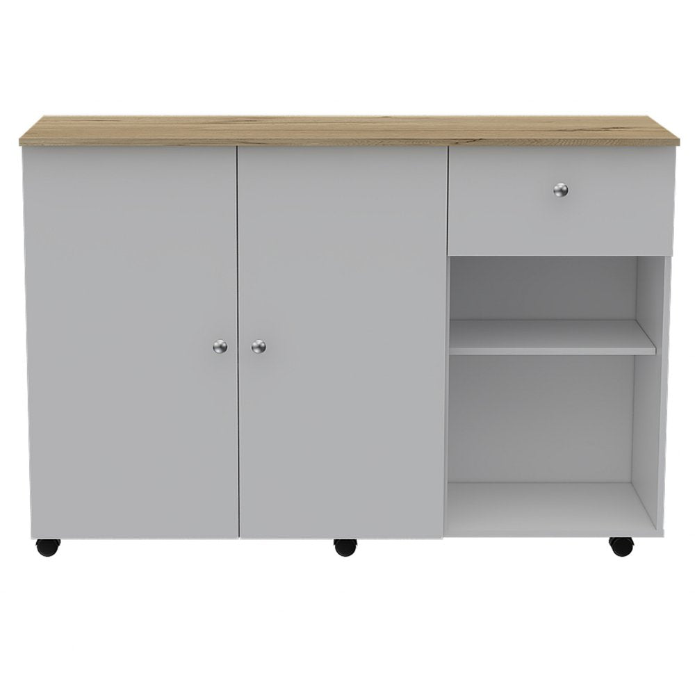 White and Natural 54 Rolling Kitchen Island with Storage
