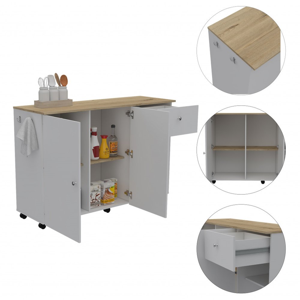 White and Natural 54 Rolling Kitchen Island with Storage