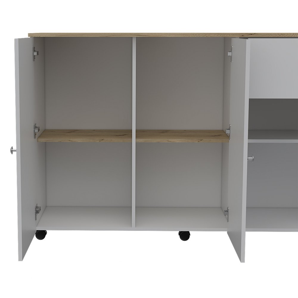 White and Natural 54 Rolling Kitchen Island with Storage