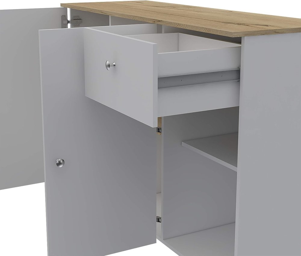 White and Natural 54 Rolling Kitchen Island with Storage