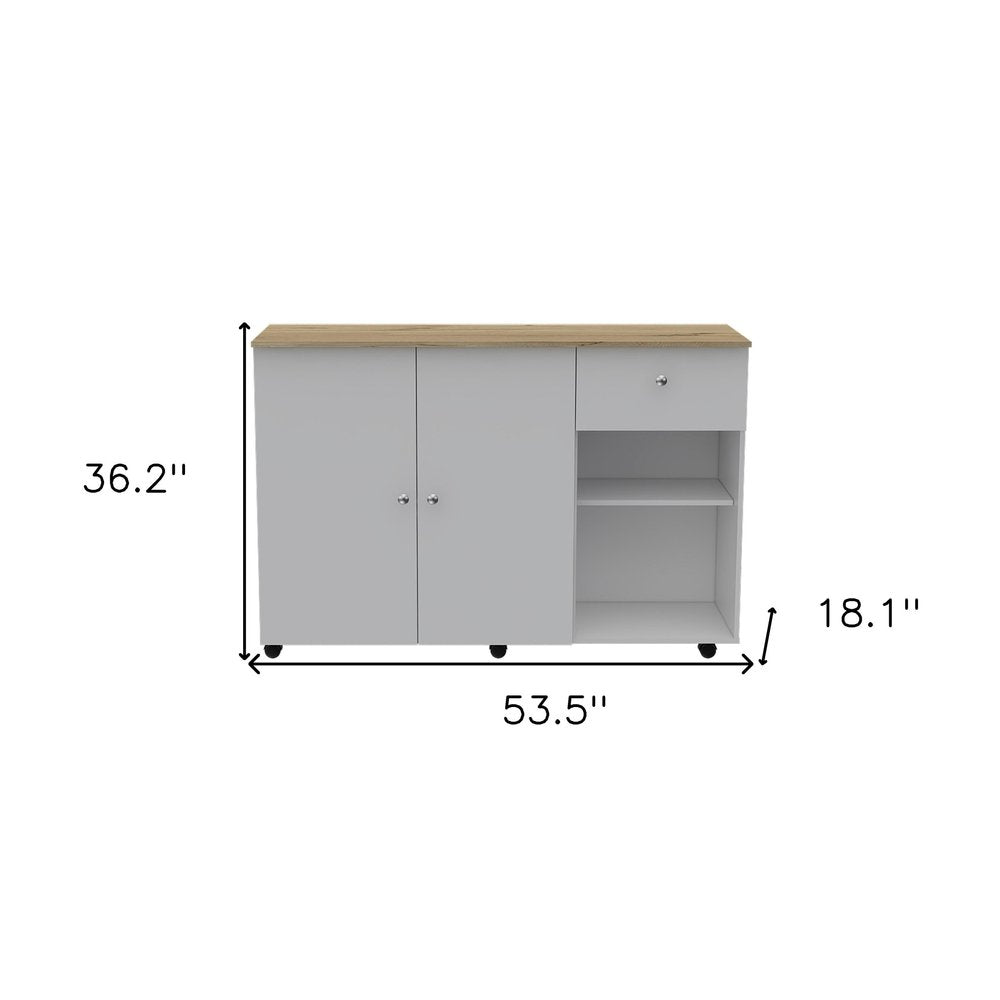 White and Natural 54 Rolling Kitchen Island with Storage
