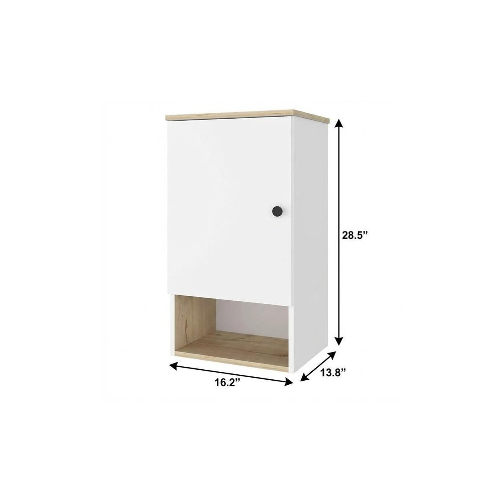 Light Oak and White Wall Mounted Cabinet with Three Shelves - 16-inch