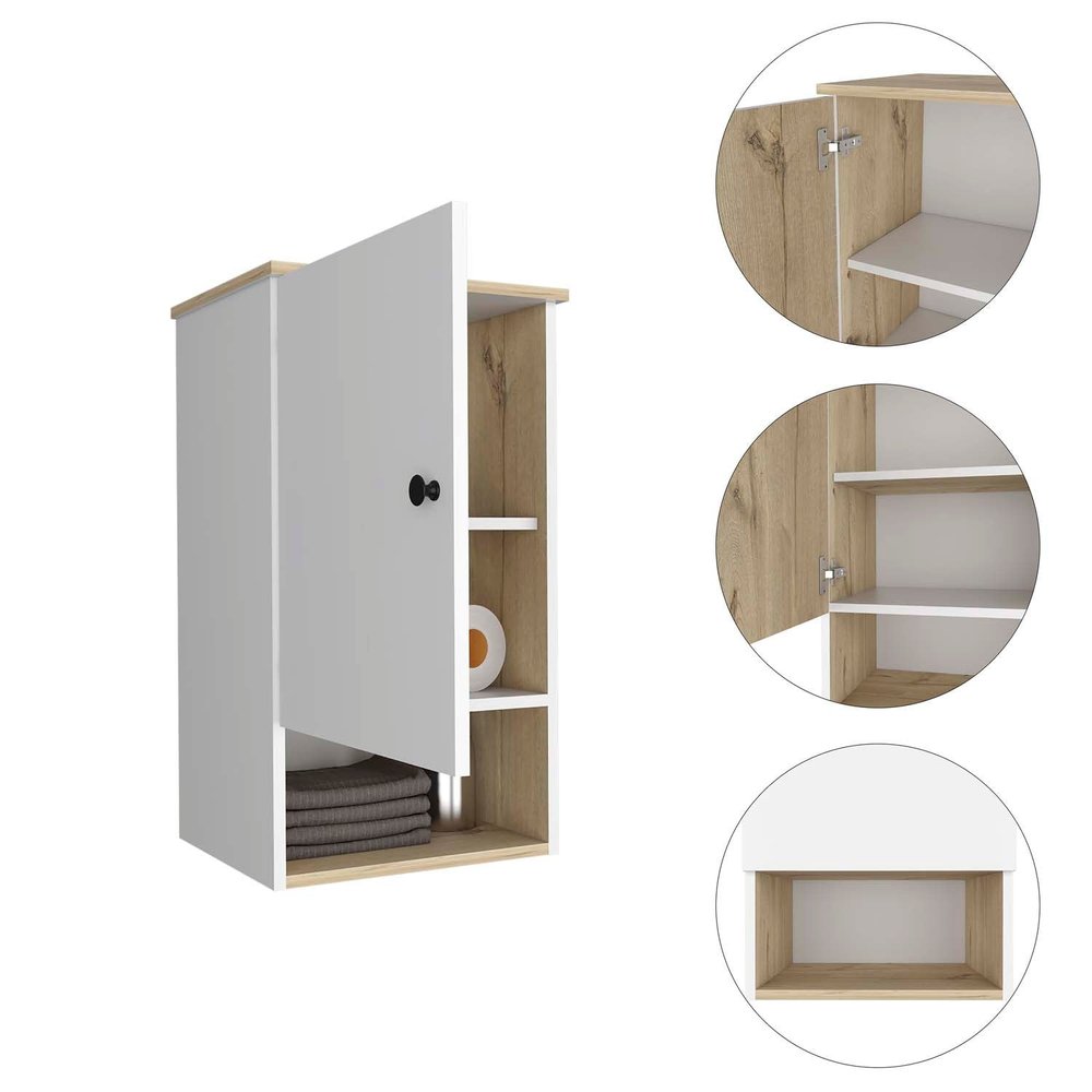 Light Oak and White Wall Mounted Cabinet with Three Shelves - 16-inch