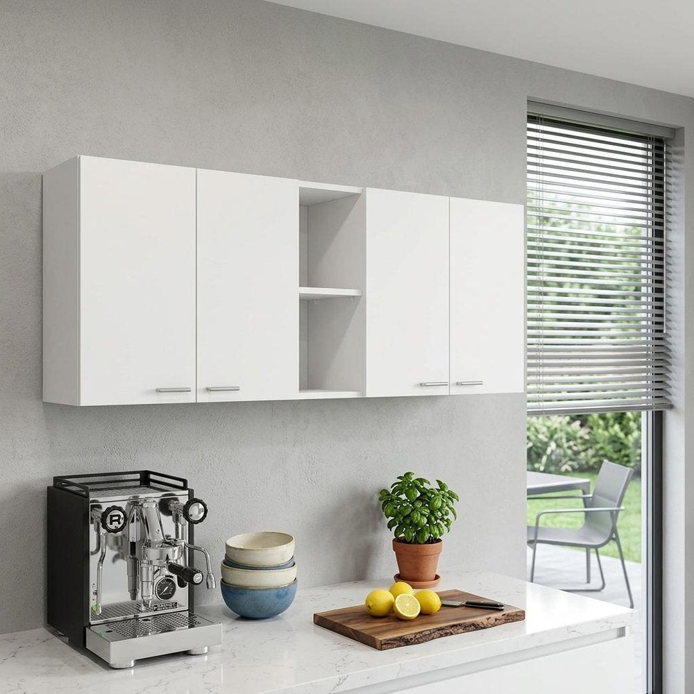 White Wood Wall Mounted Accent Cabinet with Four Doors - 59-inch